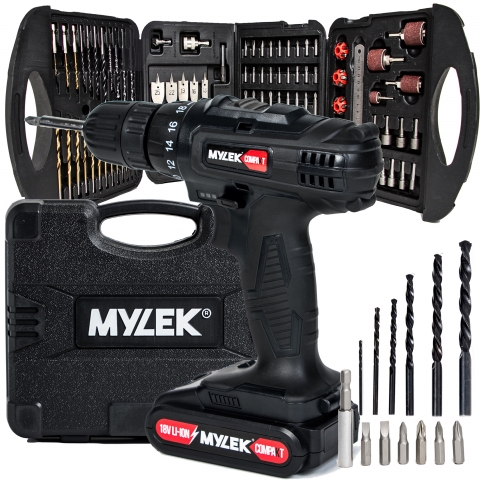 MYLEK Black 18V Li-ion Cordless Drill 2 Speed MYCBMC with Drill Bit Set